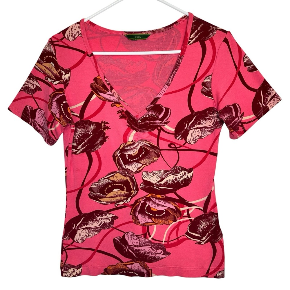 Oilily Womens M Pink Floral V Neck Stretch Top Viscose Made Portugal Art to Wear